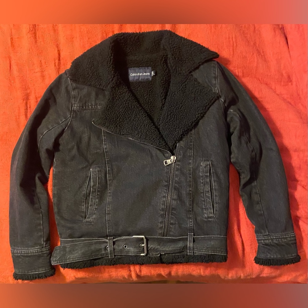 Calvin Klein black/grey jean Moto jacket Sz Small NWT